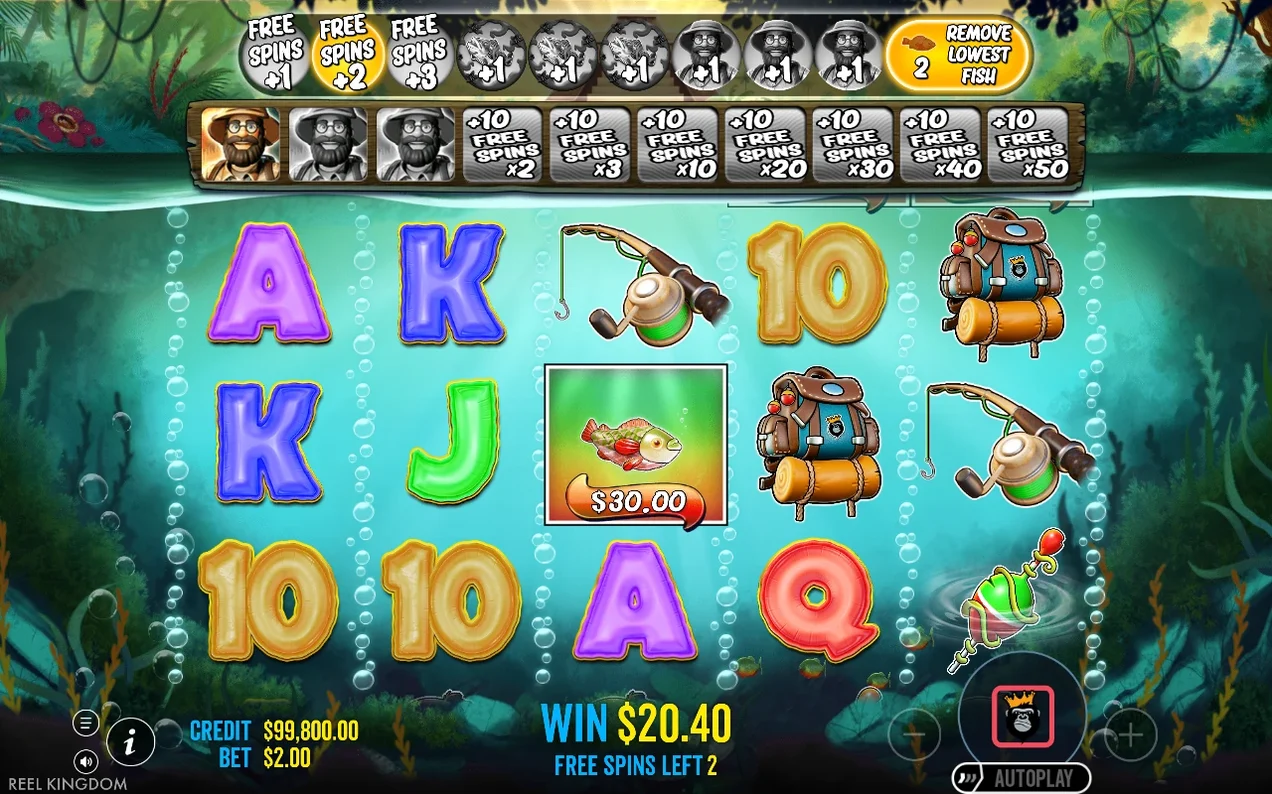 Spins gratis con el marcador de reenganche x2 a x50, símbolo pez de $30.00 y Free Spins Left 2, ganancia $20.40.