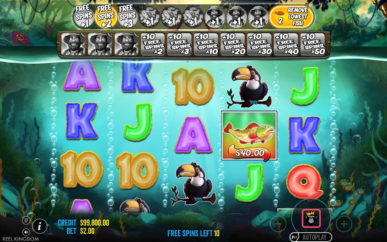 Spins gratis en marcha: tablero de reenganche con niveles x2 a x50, símbolo pez de $40.00 y Free Spins Left 10.