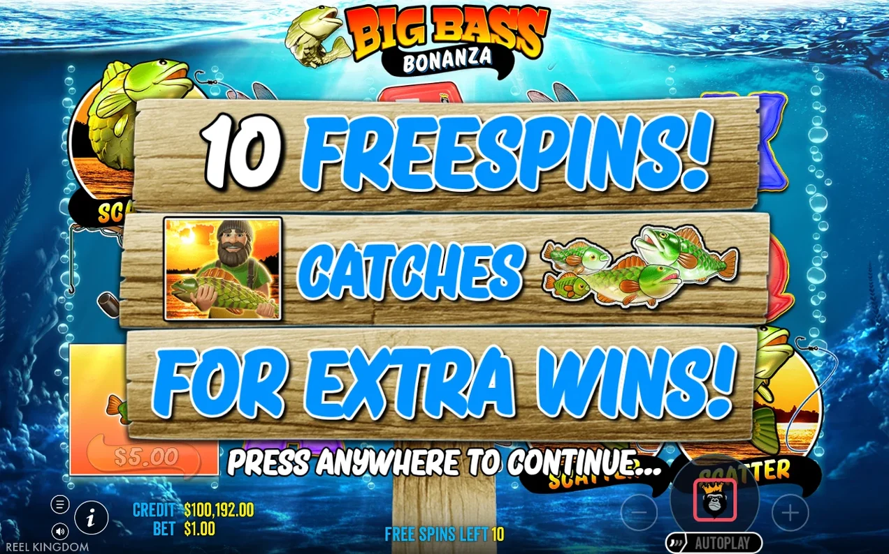 Aviso de inicio: 10 tornas gratis, el pescador captura peces para ganancias extra.
