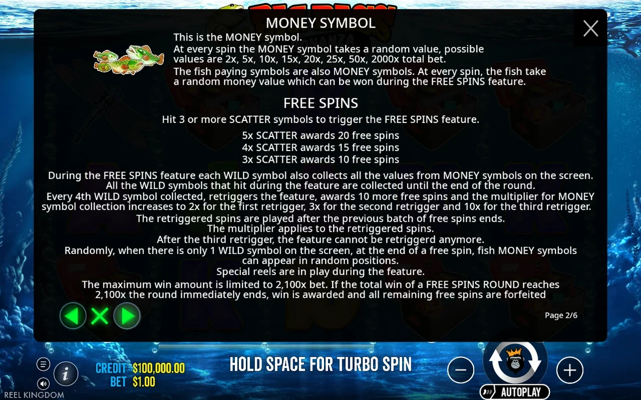 Pantalla de reglas página 2/6: símbolo dinero y mecánica de tornas gratis con reintegros.