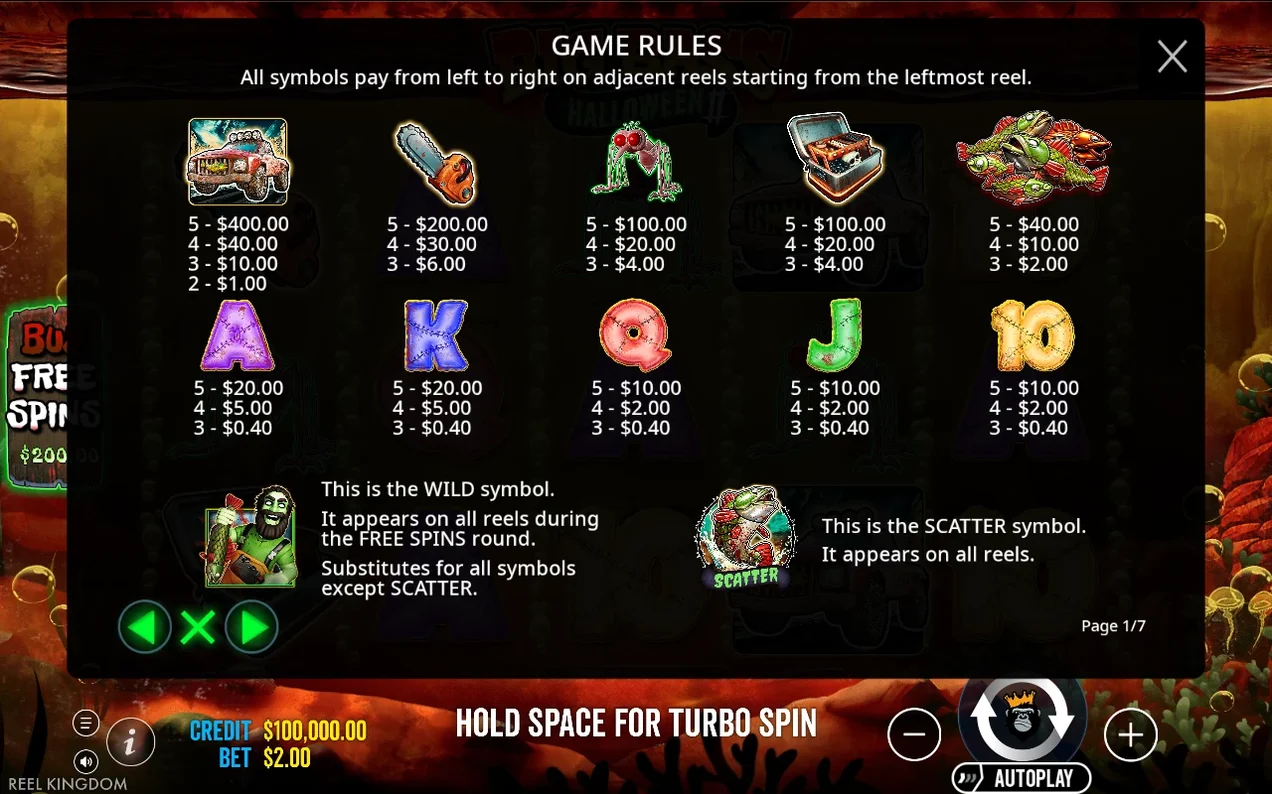 Paytable page 1 of 7 lists truck, chainsaw, mosquito, tackle box and royal payouts with WILD and SCATTER rules