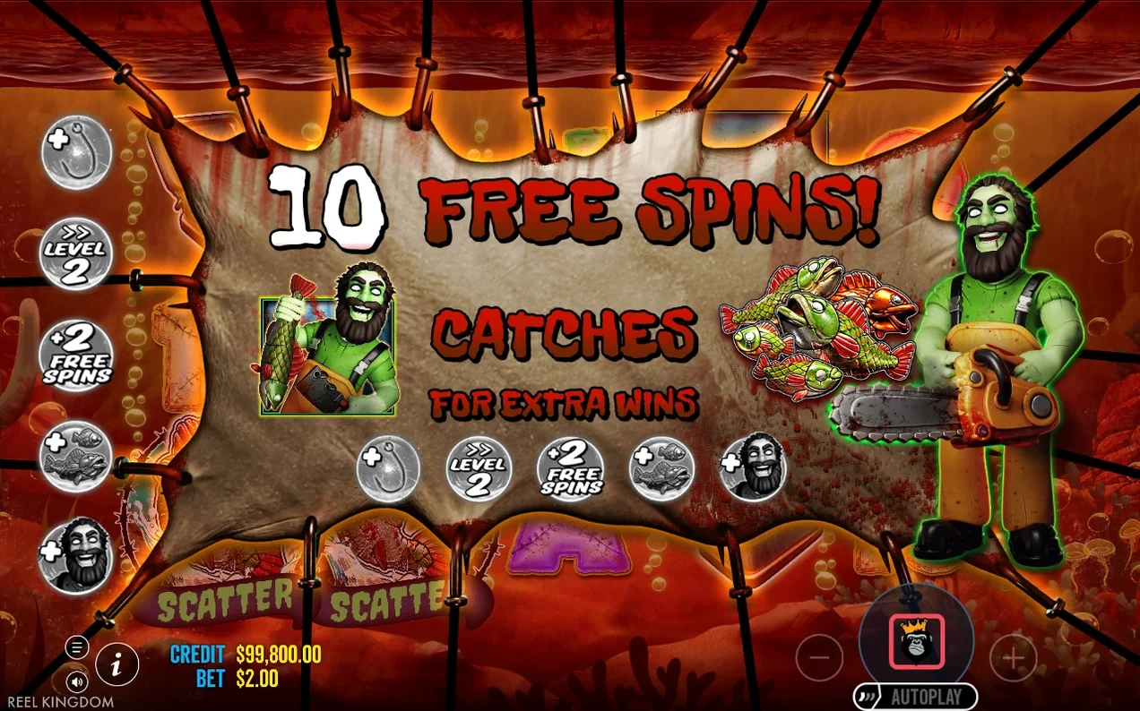 Torn-hide banner announces 10 Free Spins with catches for extra wins, five modifier icons shown on the left