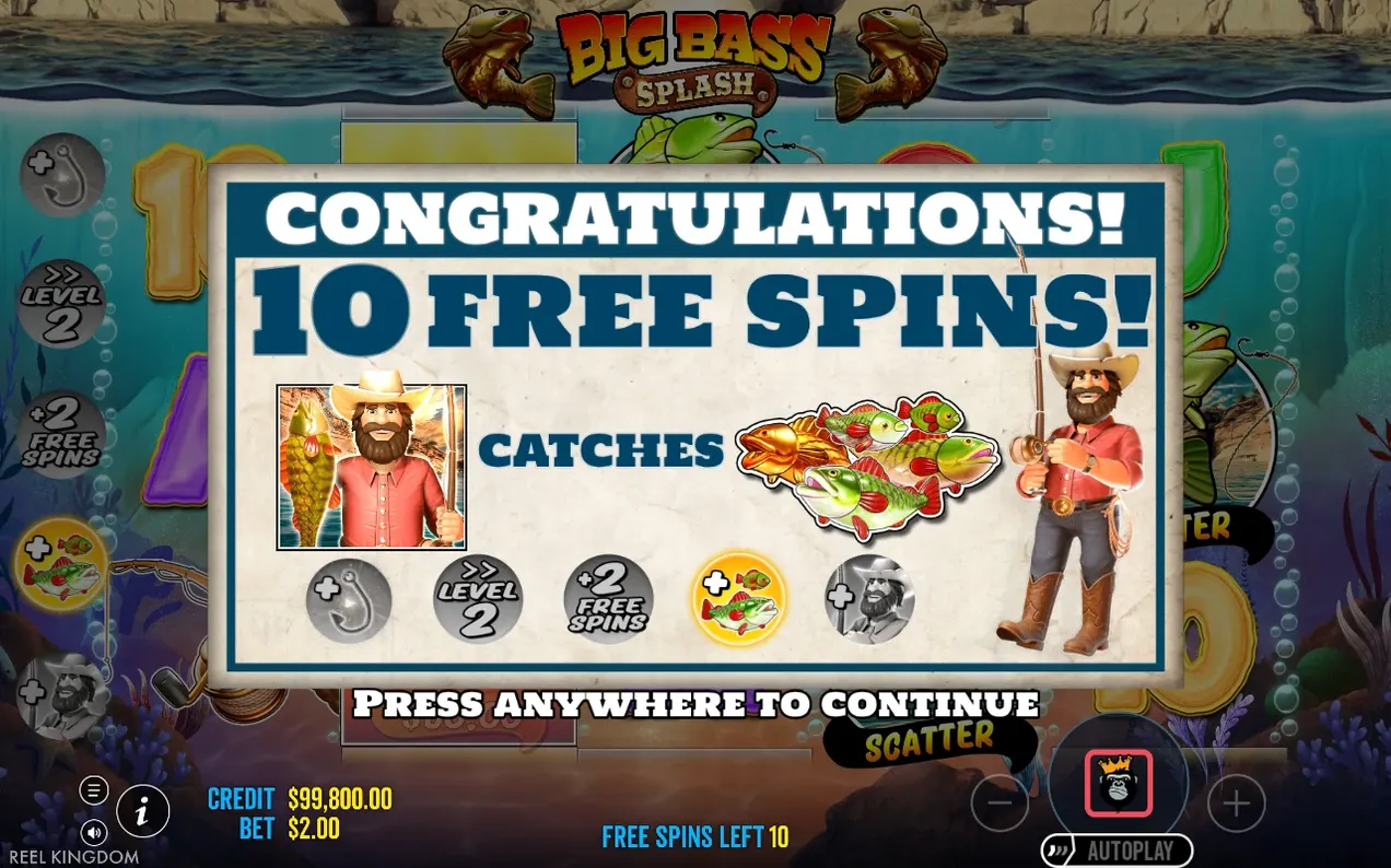 Aviso de 10 Free Spins con el icono CATCHES activo y los cinco modificadores previos a la ronda.