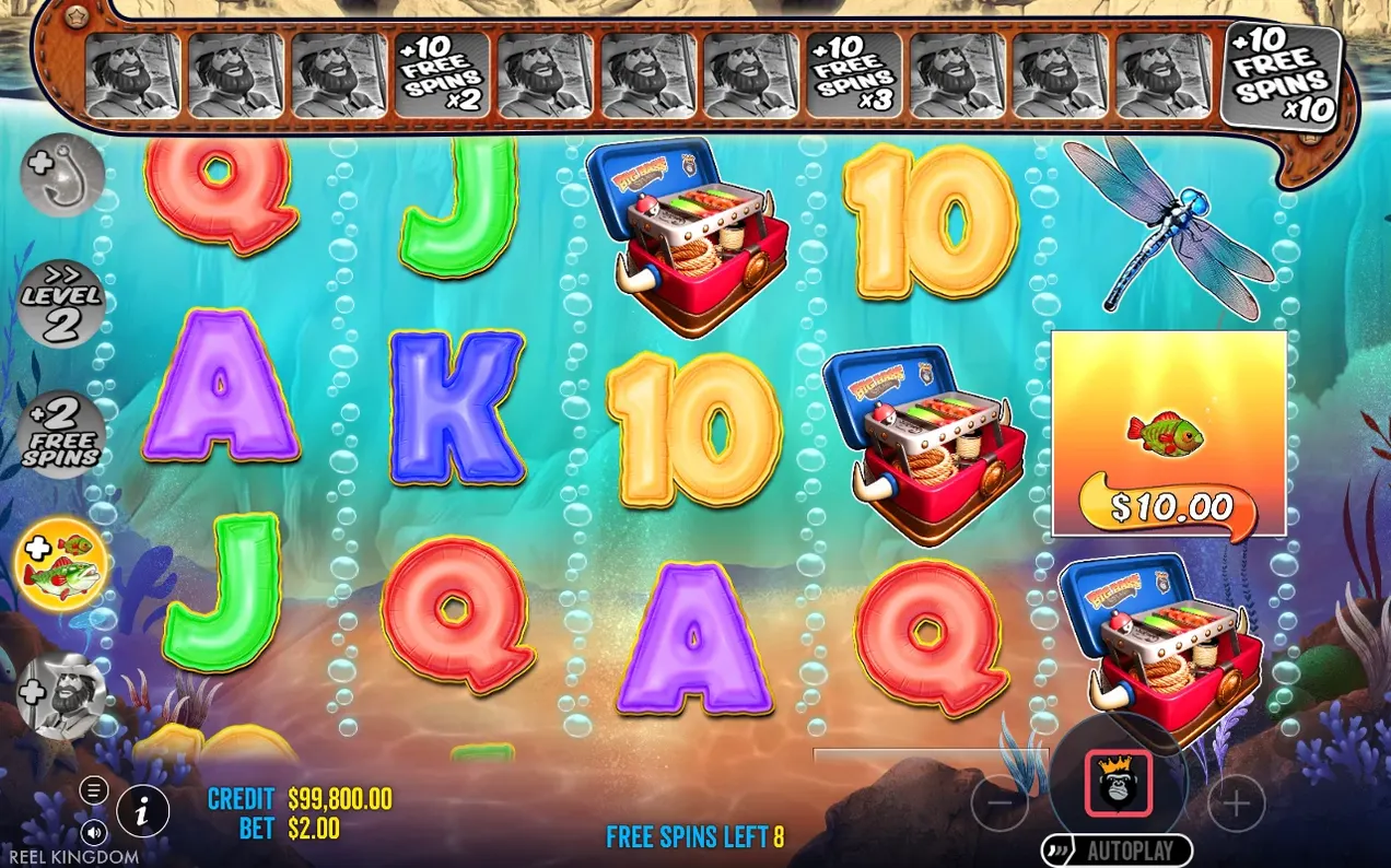 Giro en Free Spins con medidor de pescadores arriba, caja de aparejos y aviso de 8 giros gratis restantes.