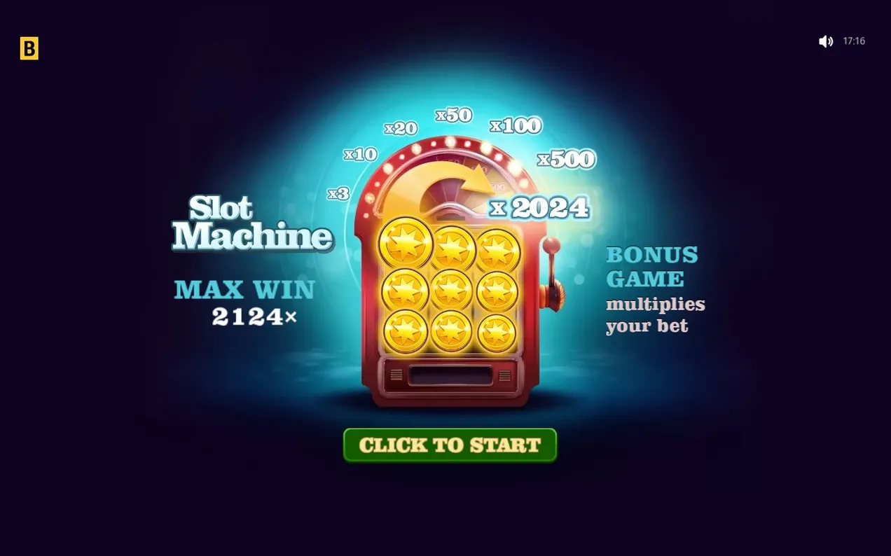 Pantalla de inicio: título Slot Machine, premio máximo 2124x y botón para empezar a jugar.